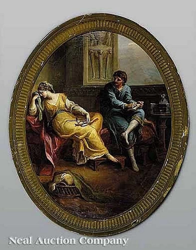 Una scena classica con un giovane e una giovane donna che piangono la morte di un uccello canoro